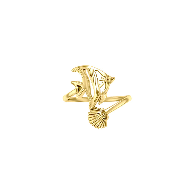 Angel Fish With Seashell Solid Gold Ring GRI2345