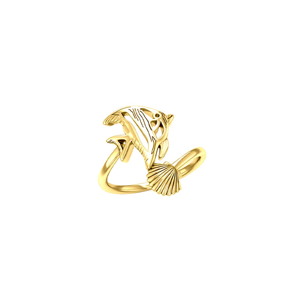 Angel Fish With Seashell Solid Gold Ring GRI2345