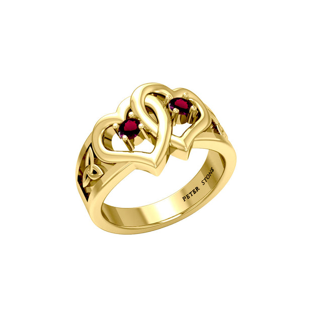 Celtic Double Heart And Trinity With Gemstone Solid Gold Ring GRI2392