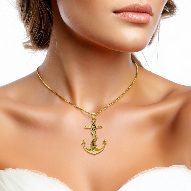 Large Solid Gold Mermaid and Anchor Pendant and Chain Set GSE743