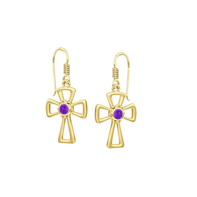 Modern Cross Solid Gold Earrings with Gemstone GTE1150