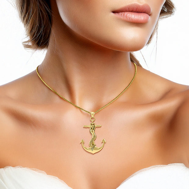 Mermaid on Anchor Solid Gold Pendant GTP1006