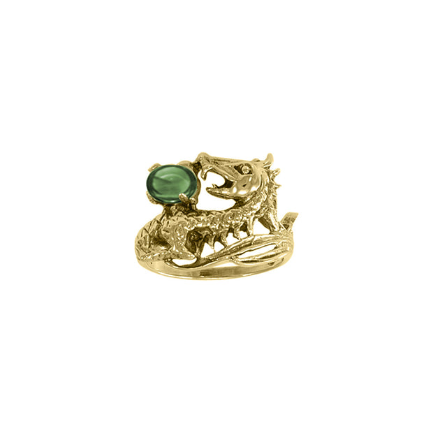 Dragon Holding Gem Solid Yellow Gold Ring GTR3808