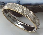 Small Silver and 14K Gold Accent Border Celtic Bangle with open lock MBA211