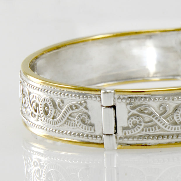 Small Silver and Gold Plate Border Celtic Bangle with open lock MBA211
