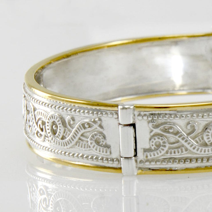Small Silver and Gold Plate Border Celtic Bangle with open lock MBA211 - Wholesale Jewelry