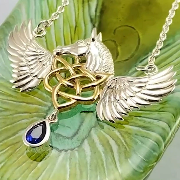 Celtic Pegasus Horse with Wing Silver and Gold Necklace MNC540