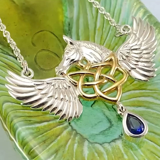 Celtic Pegasus Horse with Wing Silver and Gold Necklace MNC540