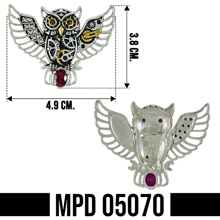 Steampunk Owl Silver and 14K Gold Accent Pendant with Gemstone MPD5070