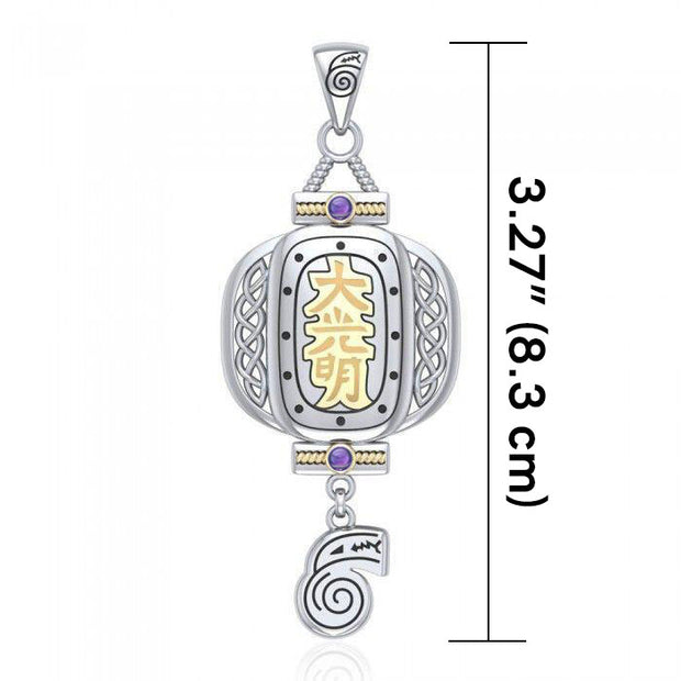 The Reiki Japanese Lantern and Dai Ko Myo Symbol Silver and Gold Accent Pendant with Gemstone MPD4927