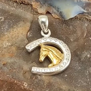 Horseshoe and Horse with Gems Silver and Gold Pendant MPD5760