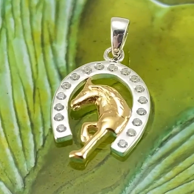 Horseshoe and Running Horse with Gems Silver and Gold Pendant MPD5761