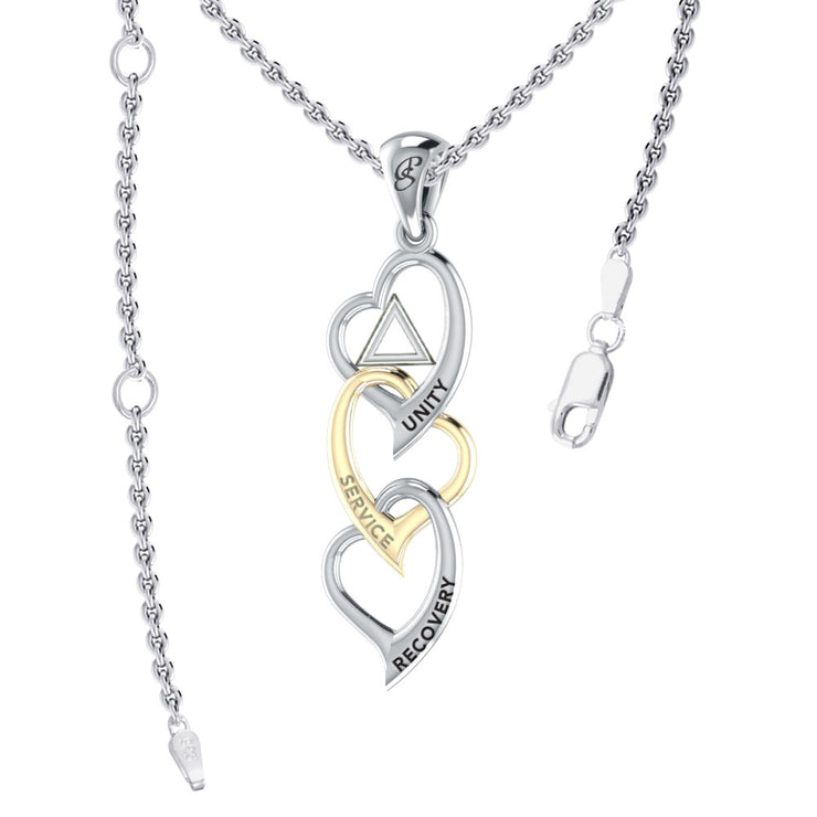 Triple Heart AA Recovery Pendant in Sterling Silver with Gold Accents MPD6372