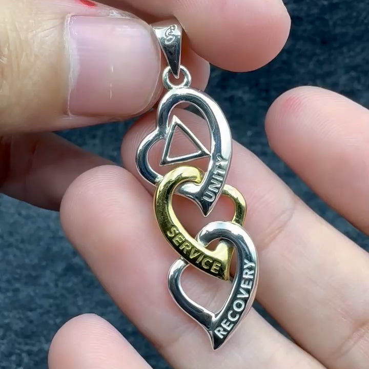 Triple Heart AA Recovery Pendant in Sterling Silver with Gold Accents MPD6372