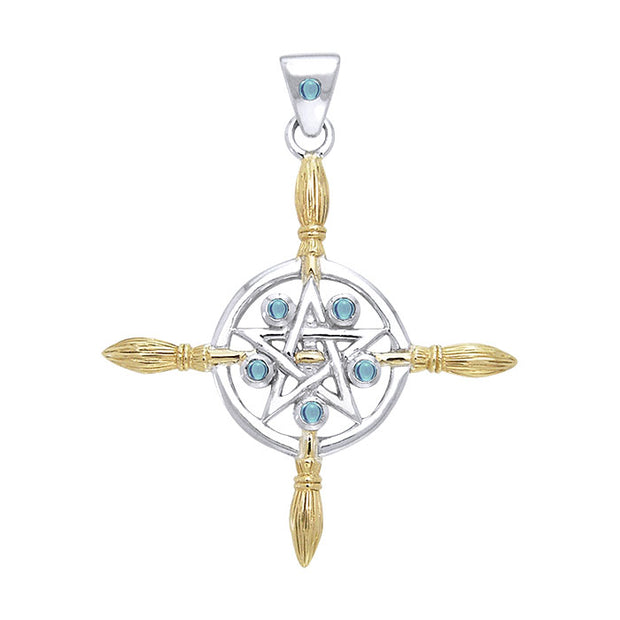 Broomstick & Pentacle silver with 18K Gold Accents Pendant MPD686