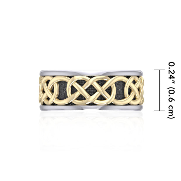 Intertwined eternity in all directions ~ Celtic Knotwork Sterling Silver With 14K Gold Accent Ring MRI1206