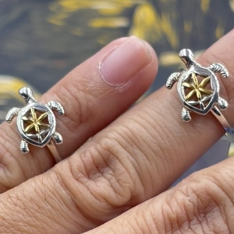 Swimming Turtle with Flower of Life Shell Silver and Gold Ring MRI1895