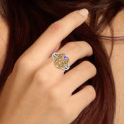 Silver and Gold Pentagram Ring with Gem MRI485 - Wholesale Jewelry