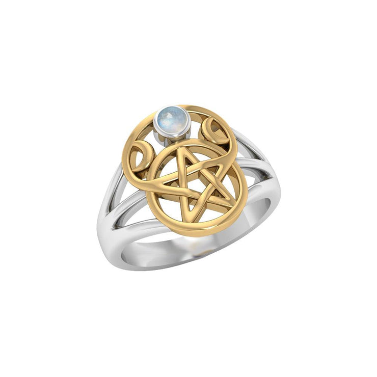 Silver and Gold Pentagram Ring with Gem MRI485 - Wholesale Jewelry