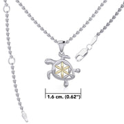 Swimming Turtle with Flower of Life Shell Silver and Gold Accent Pendant and Chain Set MSE973