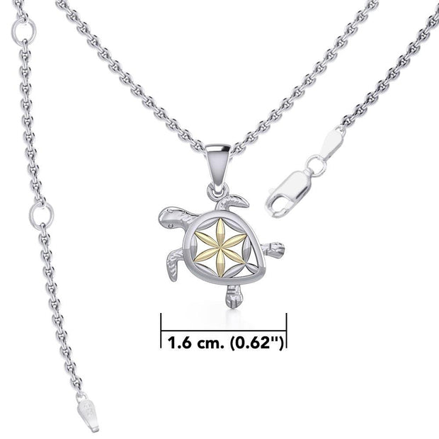 Swimming Turtle with Flower of Life Shell Silver and Gold Accent Pendant and Chain Set MSE973 - Wholesale Jewelry