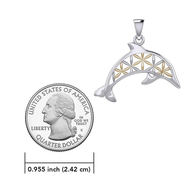 Swimming Dolphin with Flower of Life Silver and Gold Accent Pendant and Chain Set MSE975 - Wholesale Jewelry