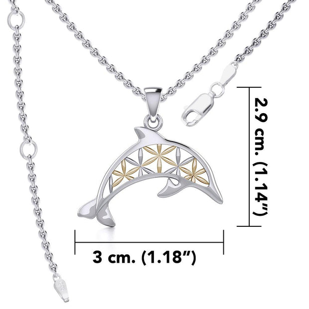 Swimming Dolphin with Flower of Life Silver and Gold Accent Pendant and Chain Set MSE975 - Wholesale Jewelry