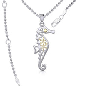 Silver and Gold Accent Flower of Life Seahorse Pendant and Chain Set MSE976 - Wholesale Jewelry