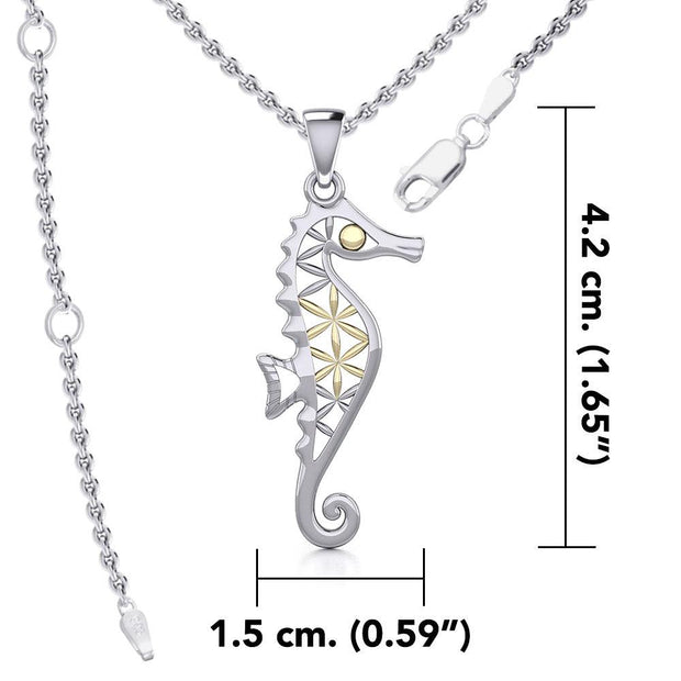 Silver and Gold Accent Flower of Life Seahorse Pendant and Chain Set MSE976 - Wholesale Jewelry