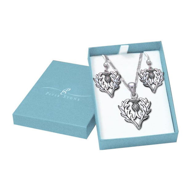 Scottish Thistle Silver Pendant Earrings Chain with Jewelry Gift Box Set SET061