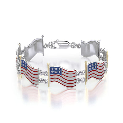 Silver and Gold Plated American Flag with Enamel Link Bracelet TBGV399