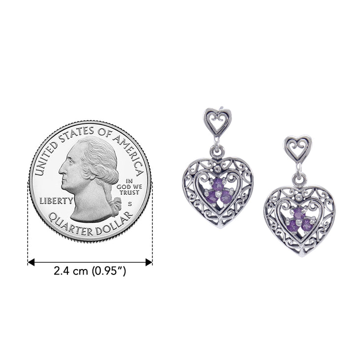 Filigree Heart with Gemstone Sterling Silver Post Earrings TE592