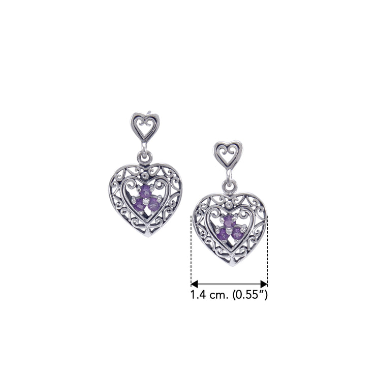 Filigree Heart with Gemstone Sterling Silver Post Earrings TE592