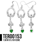 Celtic Claddagh Shamrock Sterling Silver Earrings With Emerald Glass Hearts TER153