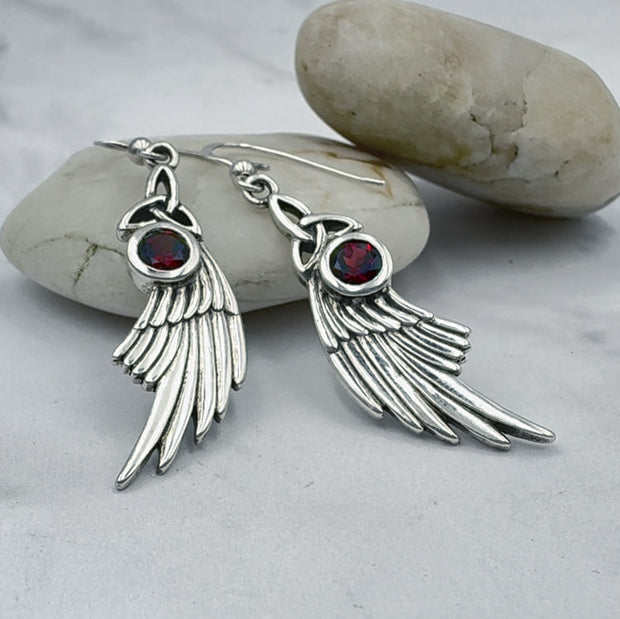 Celtic Trinity Knot Angel Wing Silver Earrings with Round Gemstone TER1926