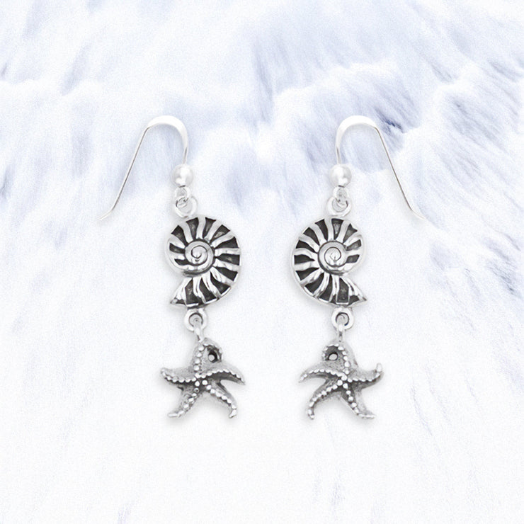 Nautilus Shell and Starfish Sterling Silver Hook Earrings TER2237