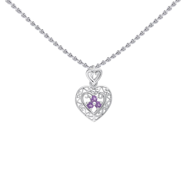 Filigree Heart Sterling Silver Pendant with Gemstone TP315