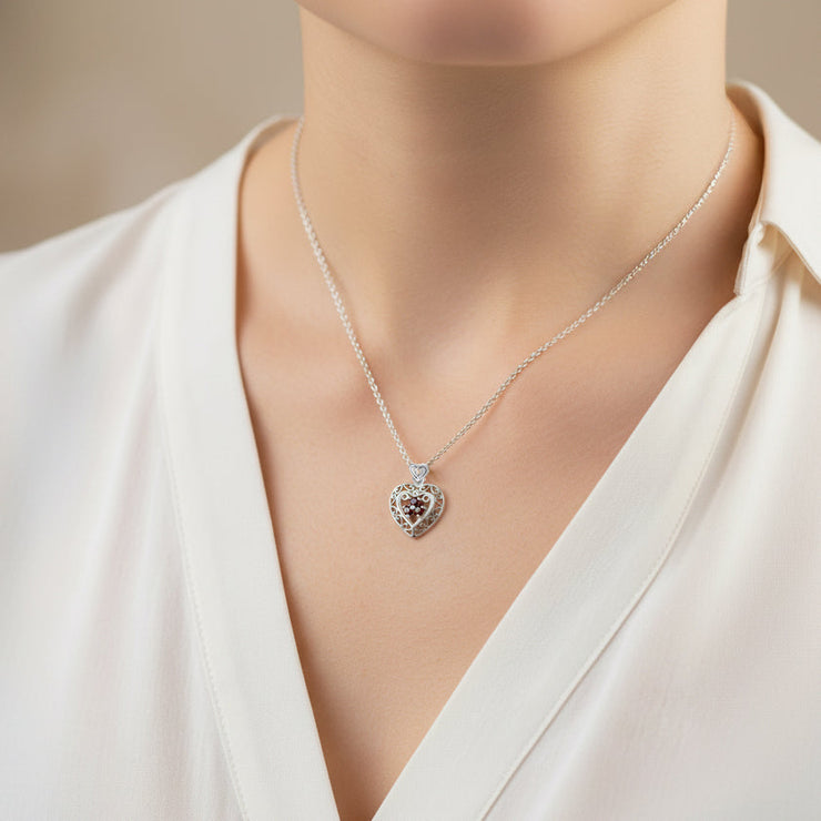 Filigree Heart Sterling Silver Pendant with Gemstone TP315