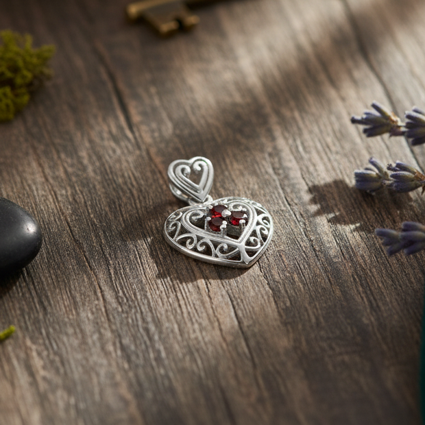 Filigree Heart Sterling Silver Pendant with Gemstone TP315