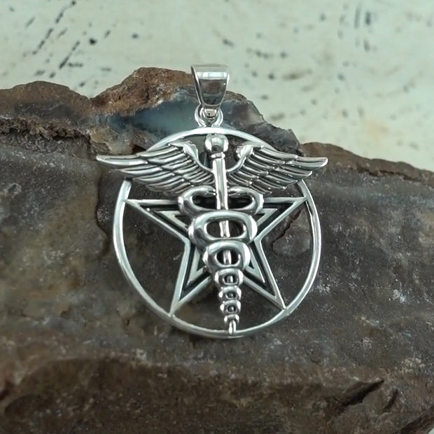 Pentacle With Caduceus Sterling Silver Pendant TP3309