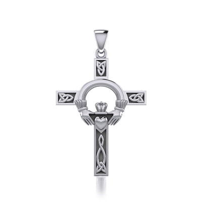 Claddagh on Celtic Knotwork Cross Silver Pendant TP832