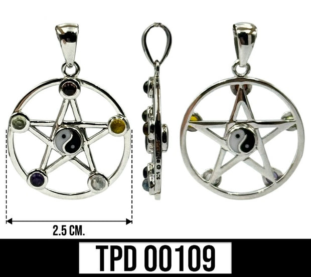 Pentacle Yin Yang Sterling Silver Pendant With Gems TPD109