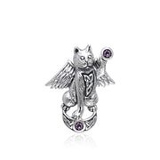 Celtic Cat Angel Moon Sterling Silver Pendant With Gem TPD342