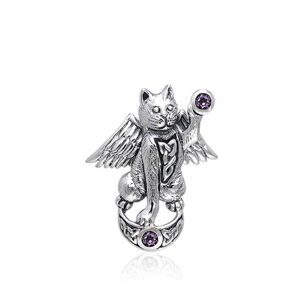 Celtic Cat Angel Moon Sterling Silver Pendant With Gem TPD342