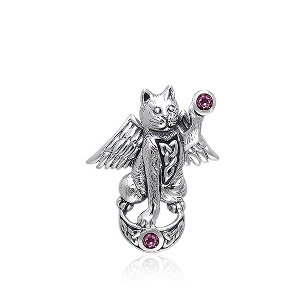 Celtic Cat Angel Moon Sterling Silver Pendant With Gem TPD342