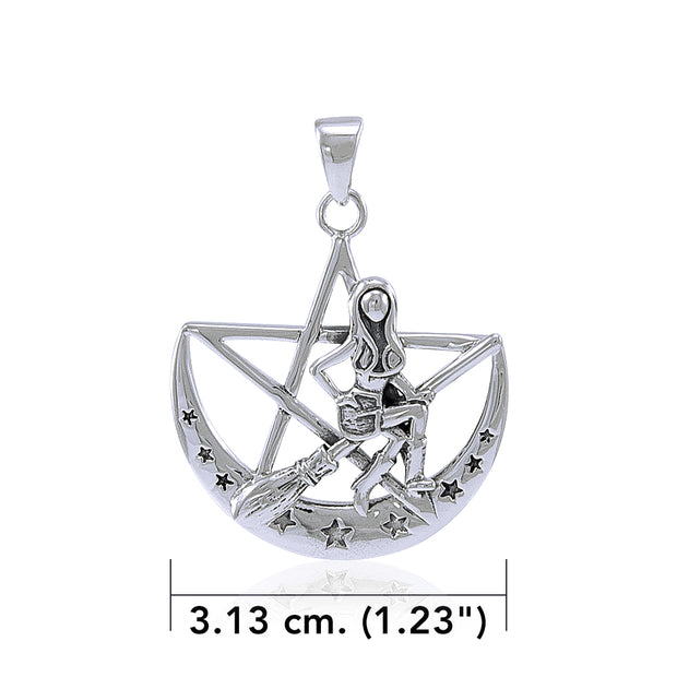 Salem Witch on Crescent Moon Pentagram Silver Pendant TPD4246