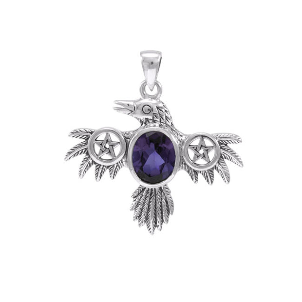 Raven with Pentacle Wings and Gemstone Silver Pendant TPD4332