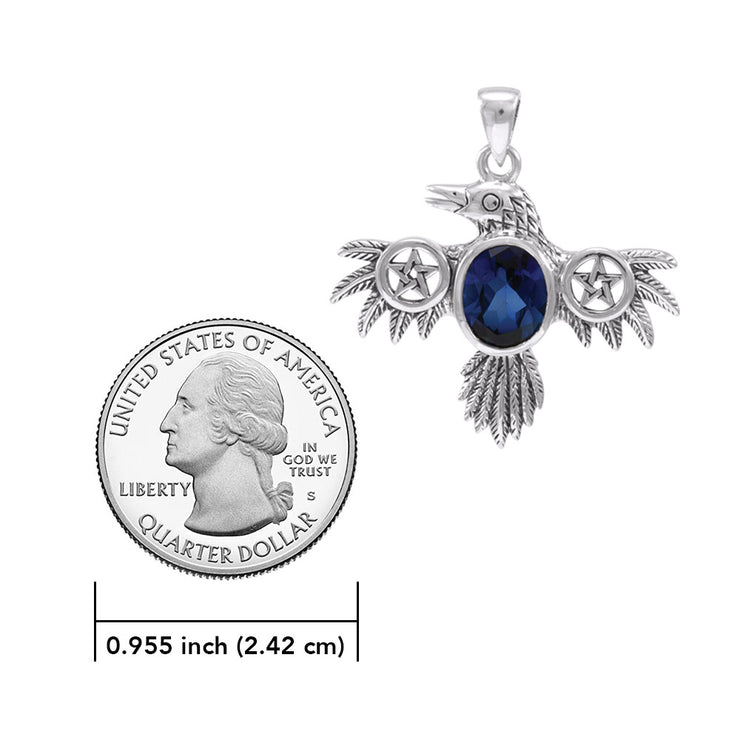 The Silver Raven Pendant with a Pentacle at the Wing and an Oval Gemstone TPD4332