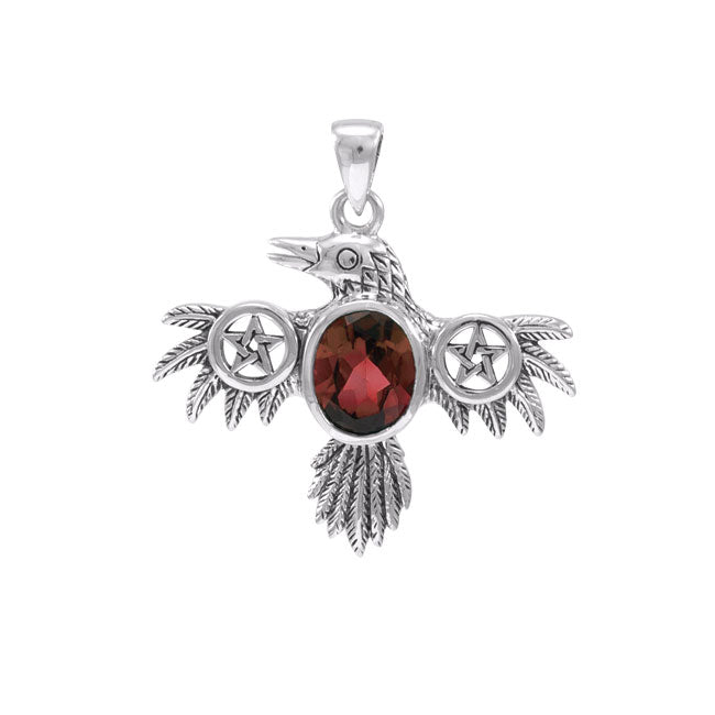 The Silver Raven Pendant with a Pentacle at the Wing and an Oval Gemstone TPD4332