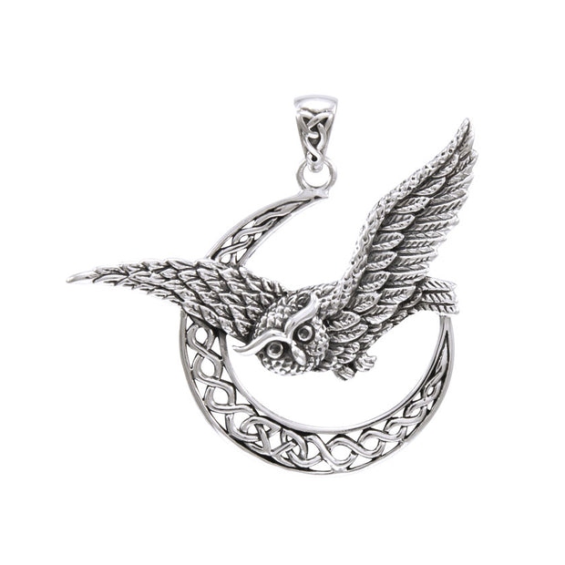 Owl with Celtic Crescent Moon Silver Pendant TPD4337